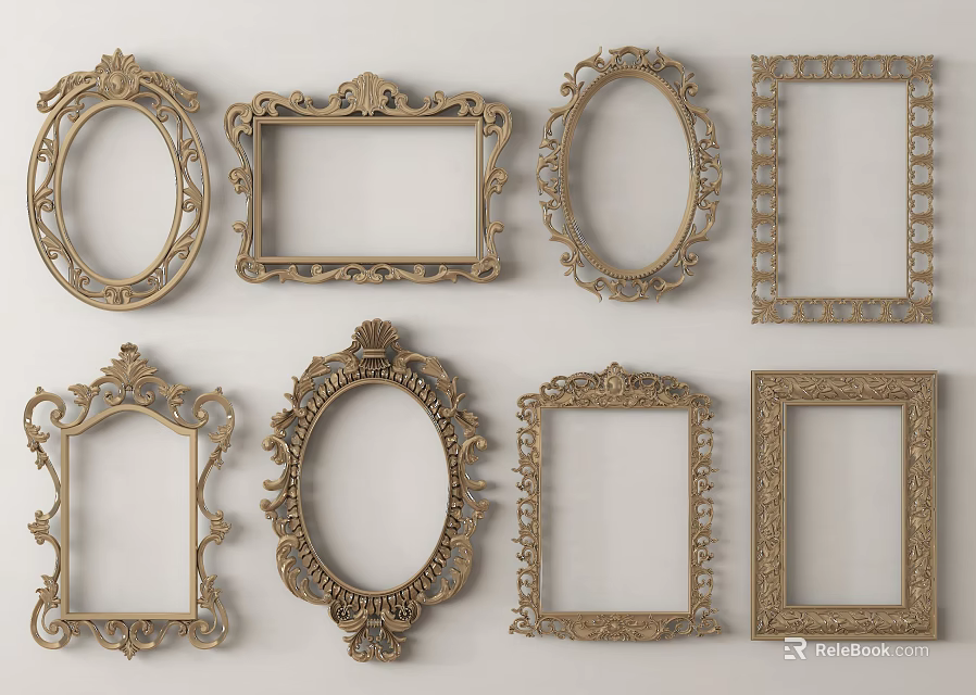 Ornate Golden Photo Frames With Various Shapes And Vintage Decorative Patterns 3d model 