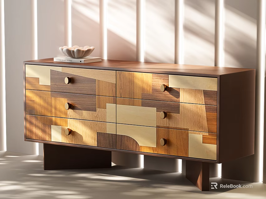 Modern Entryway Console Cabinet With Wooden Panel Inlay And Multiple Drawers 3d model 
