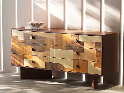 Modern Entryway Console Cabinet With Wooden Panel Inlay And Multiple Drawers 3d model