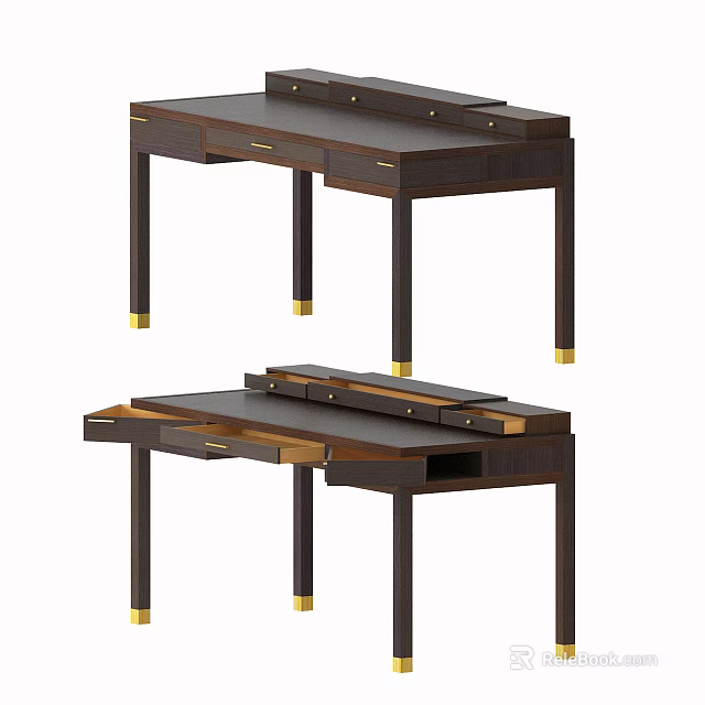 Elegant Dark Wooden Desk With Drawers And Gold Leg Accents For Home Office 3d model 
