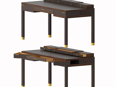 Elegant Dark Wooden Desk With Drawers And Gold Leg Accents For Home Office 3d model