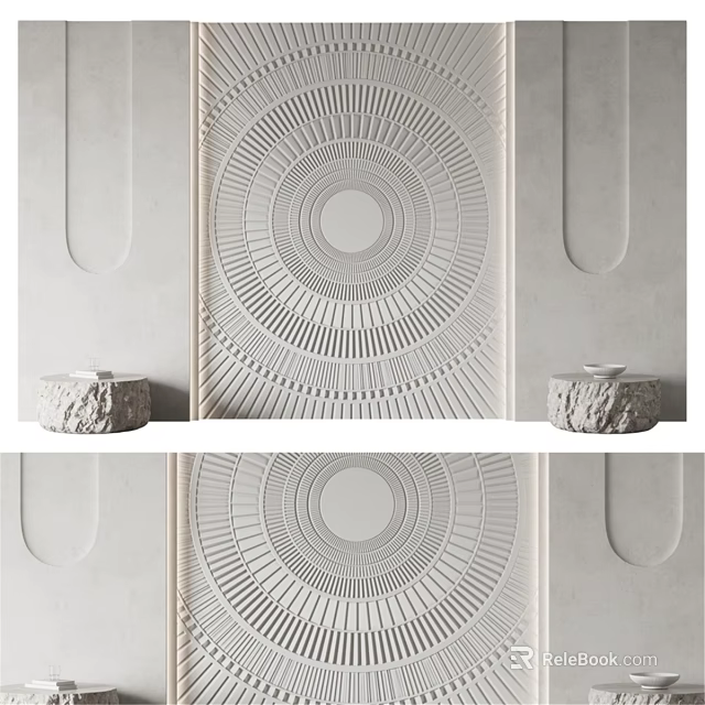 Bed Background Wall With Circular Radial Relief Design And Stone Side Tables 3d model 