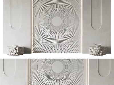 Bed Background Wall With Circular Radial Relief Design And Stone Side Tables 3d model