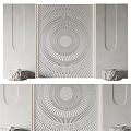 Bed Background Wall With Circular Radial Relief Design And Stone Side Tables