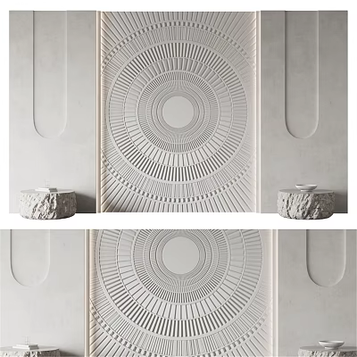 Bed Background Wall With Circular Radial Relief Design And Stone Side Tables 3d model