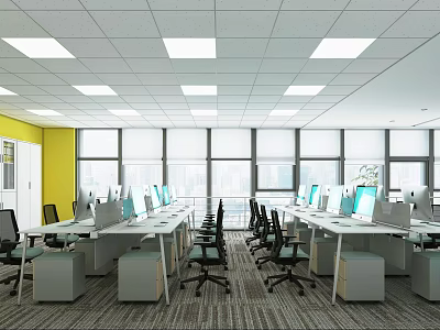 Spacious Public Office Space With Long Desks Computers Black Chairs And Large Windows 3d model