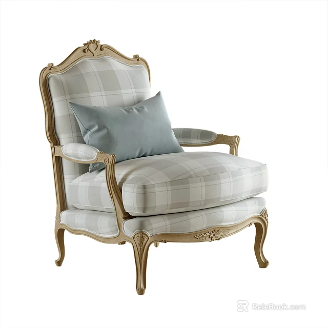French Provincial Lounge Chair With Ornate Carved Wooden Frame And Gray Plaid Fabric Upholstery 3d model 