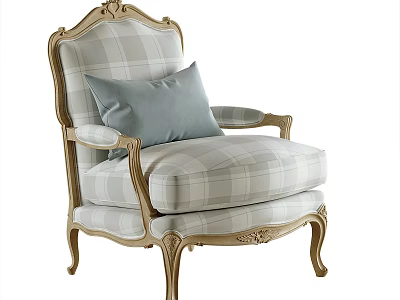 French Provincial Lounge Chair With Ornate Carved Wooden Frame And Gray Plaid Fabric Upholstery 3d model