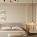 Modern Beige Bedroom Interior With Chandelier Decorative Paintings White Bed Beige Armchair And Wooden Flooring
