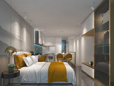 Modern Apartment Interior With White Bed Yellow Blanket Open Kitchen White Cabinets And Cozy Lighting 3d model