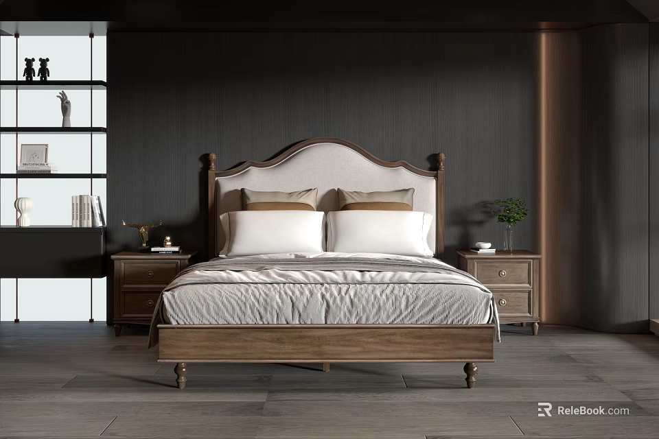 Elegant Double Bed with Wooden Upholstered Headboard White Sheets Pillows Nightstands and Dark Walls 3d model 