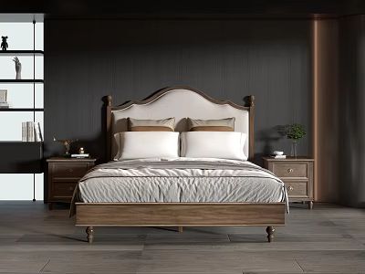 Elegant Double Bed with Wooden Upholstered Headboard White Sheets Pillows Nightstands and Dark Walls 3d model