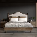 Elegant Double Bed with Wooden Upholstered Headboard White Sheets Pillows Nightstands and Dark Walls