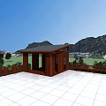 Garden Landscape Featuring Wooden Pavilion Black Roof White Tiled Platform Green Lawn And Distant Mountains