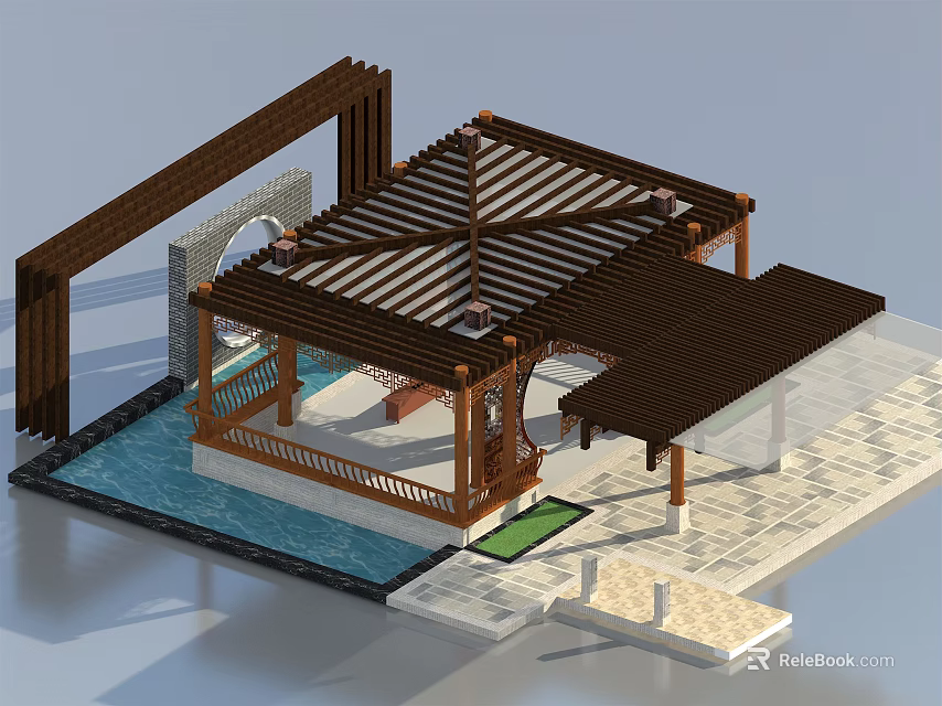 Traditional Garden Landscape Design With Wooden Pergola Water Feature And Stone Pavement 3d model 