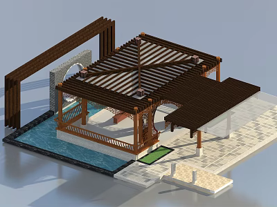 Traditional Garden Landscape Design With Wooden Pergola Water Feature And Stone Pavement 3d model
