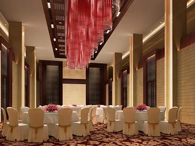 Luxurious Banquet Hall With Red Chandelier White Tablecloths And Floral Centerpieces 3d model