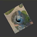 Miniature Scenic Model Featuring Blue Windmill Circular Grassy Area Path Tree And Small Buildings