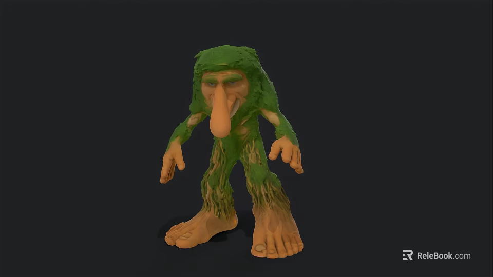 Green Moss Covered Mythical Creature Fantasy Character With Long Nose Lanky Limbs 3d model 