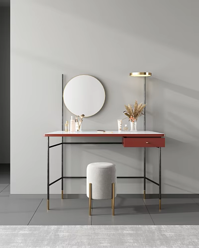 Stylish Dressing Table With Round Mirror Gold Floor Lamp White Countertop Red Edge Black Legs Light Gray Stool Skincare Products Dried Flowers 3d model