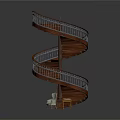 Elegant Wooden Spiral Staircase Design With Metal Railings Chair And Small Table