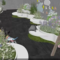 Garden Courtyard Design With White Curved Flower Beds Green Plants And Children Play Area