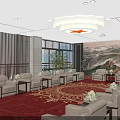 Hotel Lobby Interior With Mountain Landscape Background Reception Desk Sofa Seating And Windows