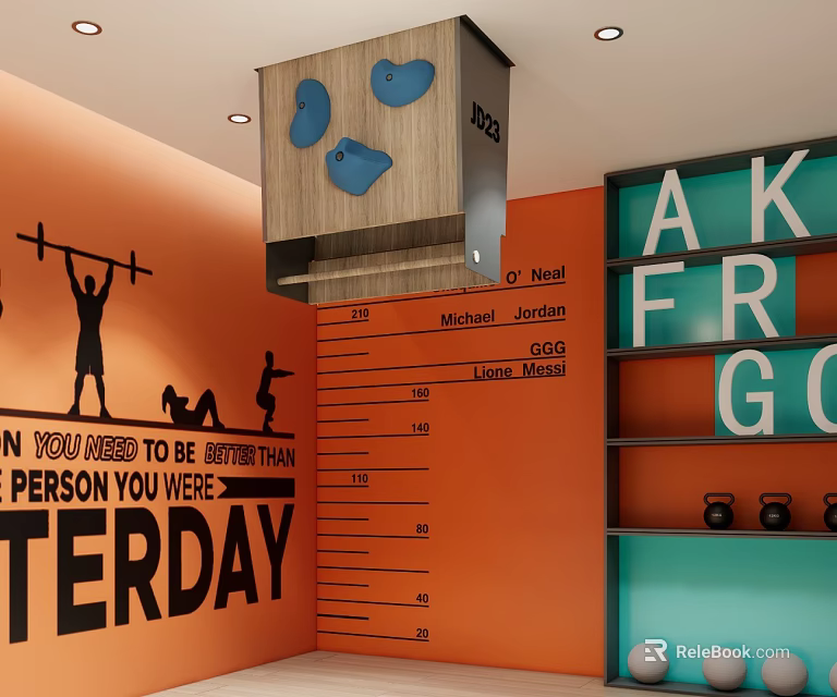 Sports Equipment For Indoor Gym With Climbing Holds Dumbbells Wall Art And Height Chart 3d model 
