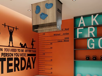 Sports Equipment For Indoor Gym With Climbing Holds Dumbbells Wall Art And Height Chart 3d model