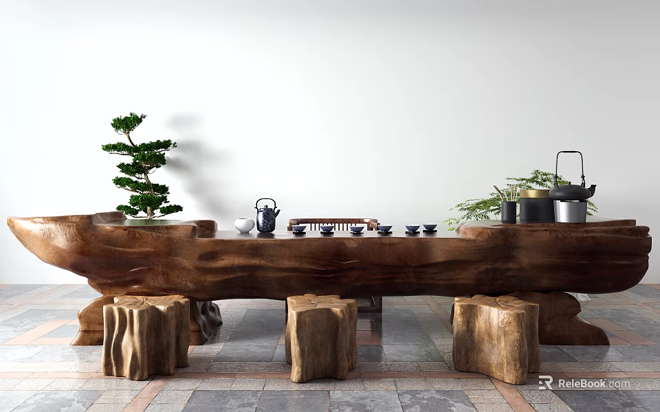 Natural Log Wood Tea Table with Tree Stump Stools Tea Set and Green Plants 3d model 