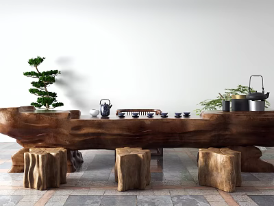 Natural Log Wood Tea Table with Tree Stump Stools Tea Set and Green Plants 3d model