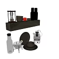 Stylish Kitchenware Display with Bowls Jars Apple on Marble Shelf and Glass Kettle Plate