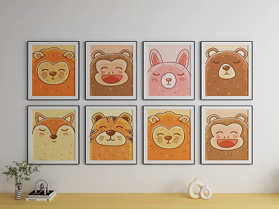 Colorful Cartoon Animal Paintings with Adorable Lion Rabbit Bear Fox Designs for Home Wall Decor 3d model