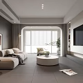 Modern Minimalist Living Room Interior With Gray Sofa Round Coffee Table TV And Plants
