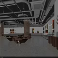Contemporary Exhibition Hall Interior Featuring Display Cases Artworks Brick Walls And Seating