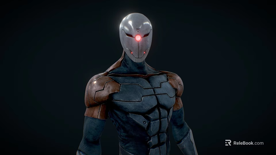 Game Movie Character With Silver Helmet Red Eye Dark Combat Suit And Brown Shoulder Armor 3d model 