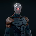Game Movie Character With Silver Helmet Red Eye Dark Combat Suit And Brown Shoulder Armor