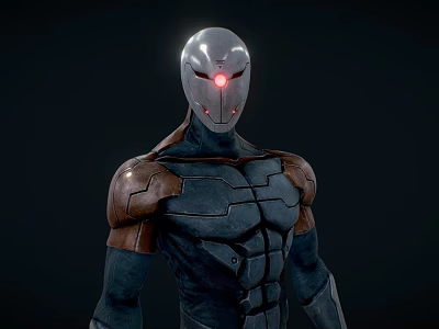 Game Movie Character With Silver Helmet Red Eye Dark Combat Suit And Brown Shoulder Armor 3d model