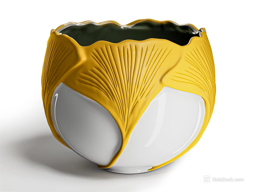 Elegant Artistic Yellow And White Ceramic Cup With Fan Shaped Leaf Design 3d model 