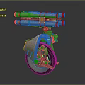 Single Wheel Mechanical Device With Brown Orange Turrets And Sci Fi Design