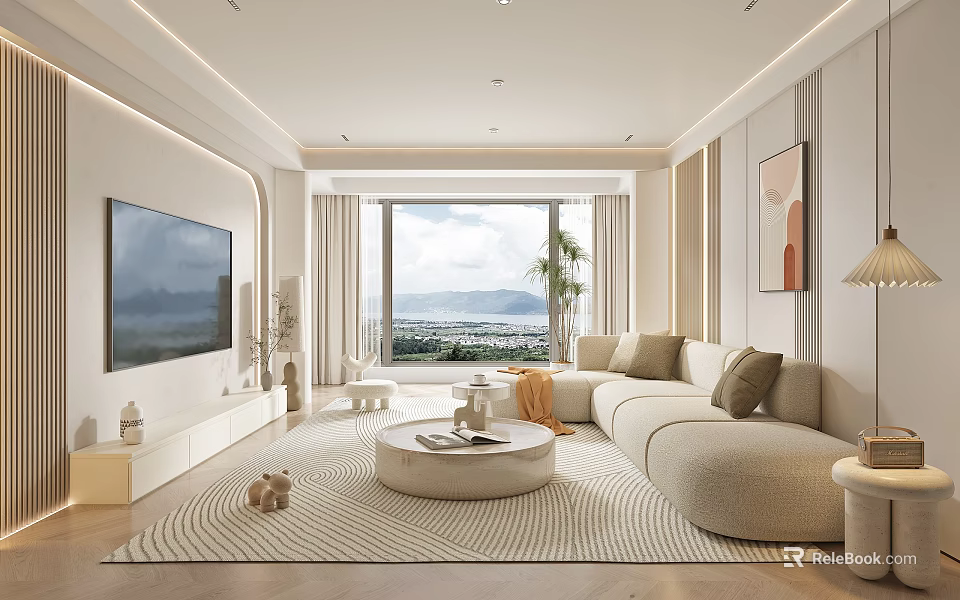 Modern Living Room Interior With Large TV Floor To Ceiling Windows View Beige Sofa And Coffee Table 3d model 