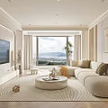 Modern Living Room Interior With Large TV Floor To Ceiling Windows View Beige Sofa And Coffee Table