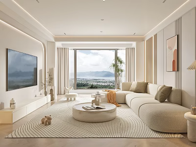 Modern Living Room Interior With Large TV Floor To Ceiling Windows View Beige Sofa And Coffee Table 3d model