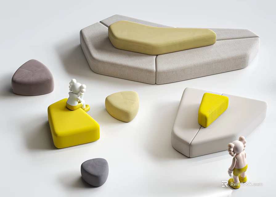 Modern Modular Sectional Sofa With Yellow Gray Beige Modules And Decorative Figurines 3d model