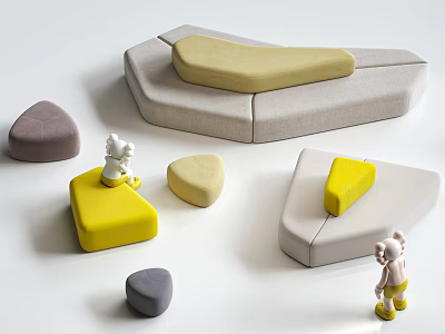Modern Modular Sectional Sofa With Yellow Gray Beige Modules And Decorative Figurines 3d model