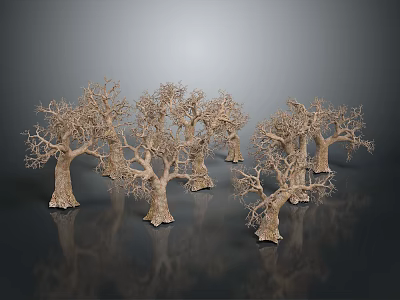 Wood Stone Decorative Trees With Textured Trunks On Grey Reflective Background 3d model