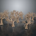 Wood Stone Decorative Trees With Textured Trunks On Grey Reflective Background 3d model
