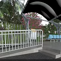 Road Facilities With White Railing Canopy Blue Benches Steps Palm Trees And Green Plants
