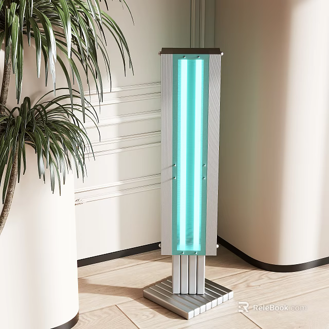 Modern Floor Lamp With Blue Light Standing By Green Plant On Light Wooden Floor 3d model 