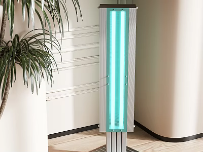 Modern Floor Lamp With Blue Light Standing By Green Plant On Light Wooden Floor 3d model